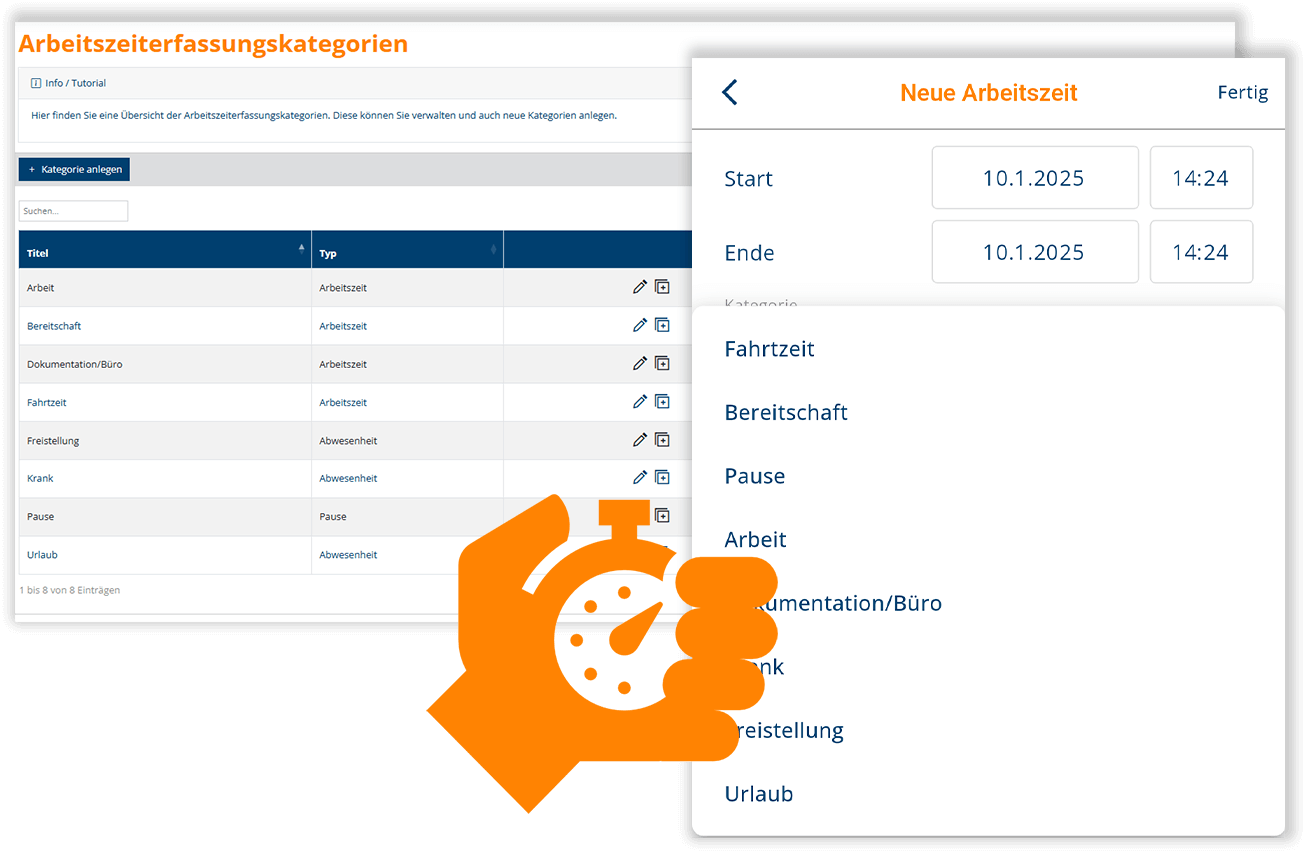 Screenshot: Arbeitzeiten erfassen mit App